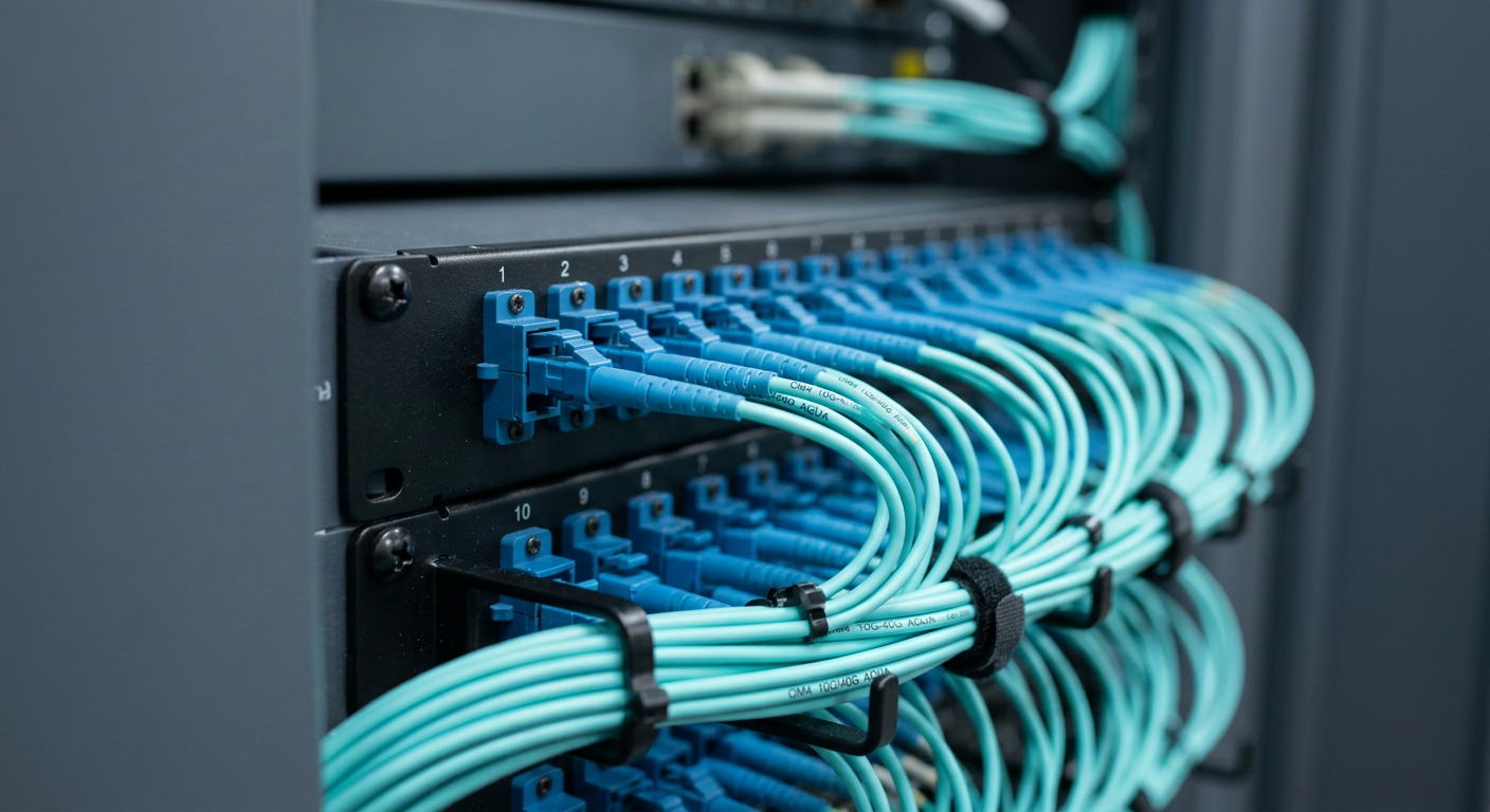 Fiber optic patch panel with neatly dressed aqua cables