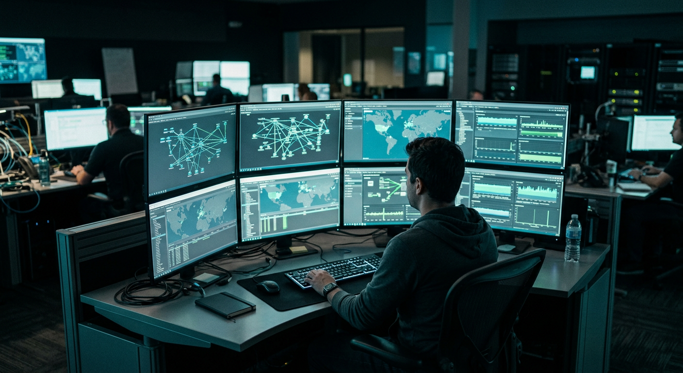 An engineer monitoring network topology dashboards