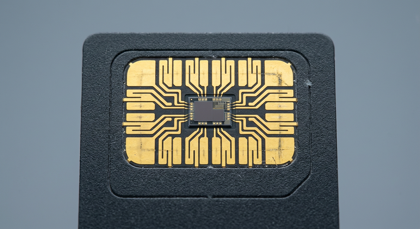 Macro view of a SIM card chip with gold contacts